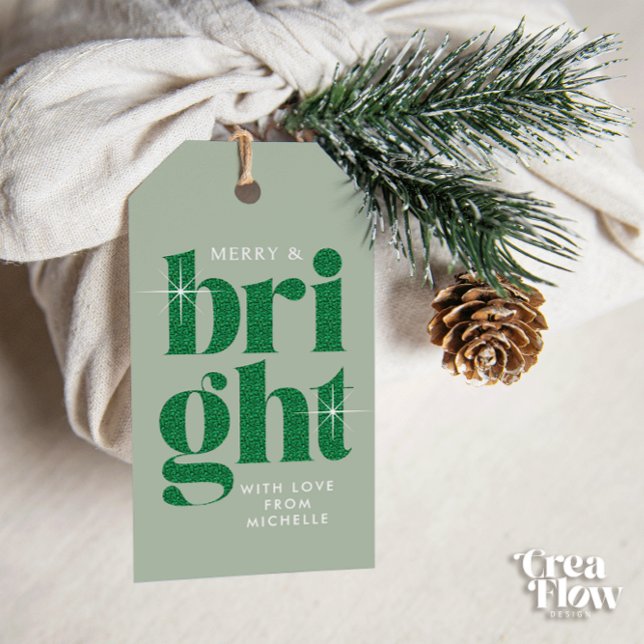 Étiquettes-cadeau Glam Green Sequin Joyeux et lumineux Noël (Créateur téléchargé)