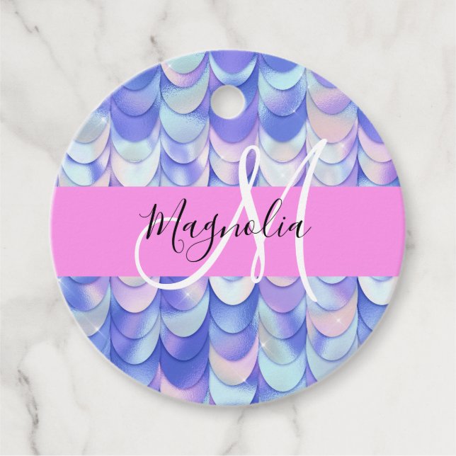 Étiquettes Cadeau Glam Iridescente Blue Mermaid Scales Nom Monogramm (Devant)