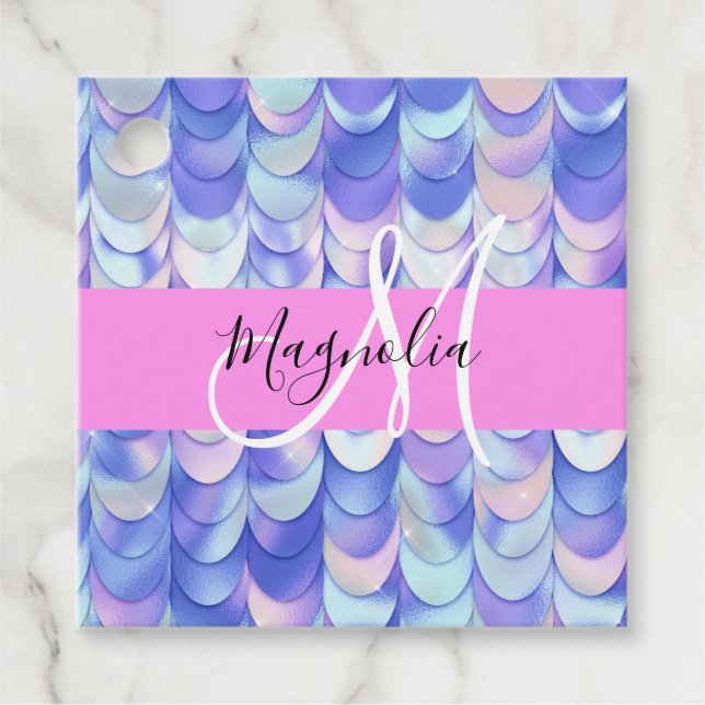 Étiquettes Cadeau Glam Iridescente Blue Mermaid Scales Nom Monogramm (Devant)