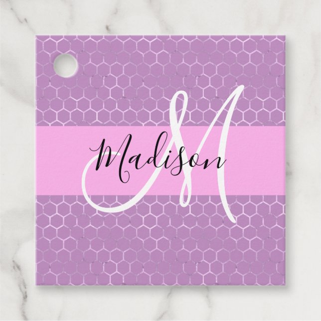 Étiquettes Cadeau Glam Lilac Metallic rose Honeycomb Nom (Devant)
