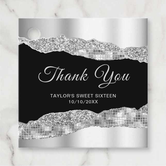 Étiquettes Cadeau Glam noir argenté Larmes Sweet sixteen Merci (Devant)
