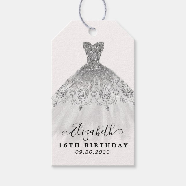 Étiquettes-cadeau Glam Silver Grey Parties scintillant robe Annivers (Devant)