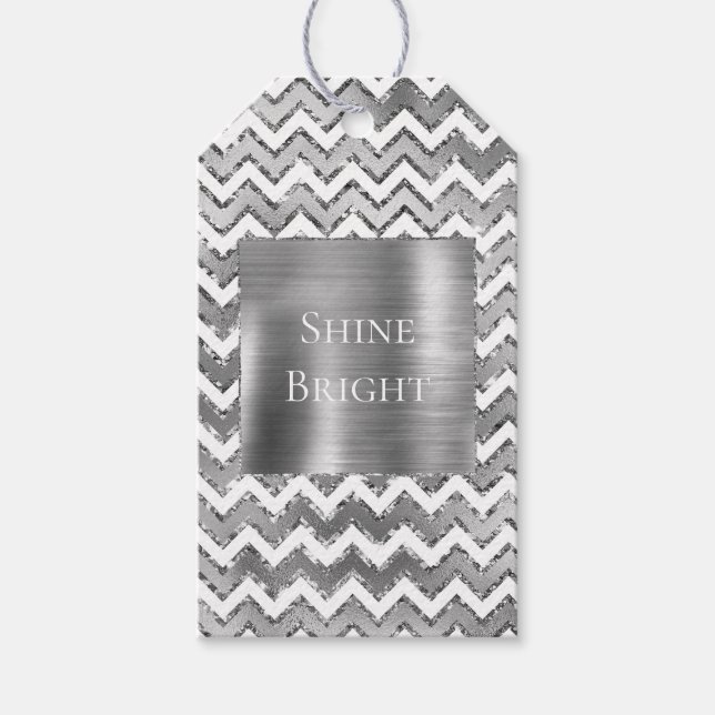 Étiquettes-cadeau Glam Silver White Zigzag Stripes (Devant)