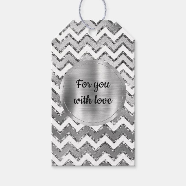 Étiquettes-cadeau Glam Silver White Zigzag Stripes (Devant)