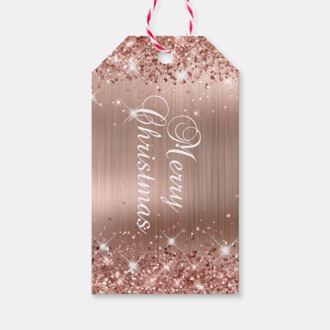 Étiquettes-cadeau Glitter Rose Gold Foil Joyeux Noël (Devant)