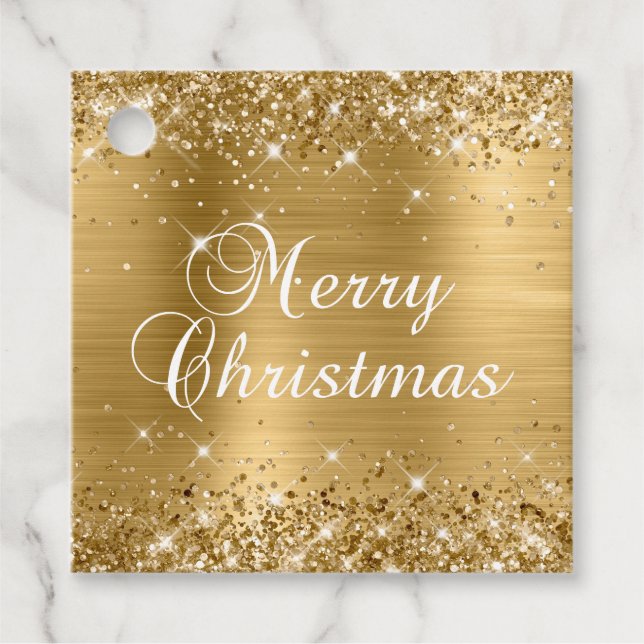 Étiquettes Cadeau Glittery Gold Foil Joyeux cadeau de Noël (Devant)