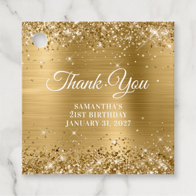 Étiquettes Cadeau Glittery Gold Monogramme 21e anniversaire Merci (Devant)