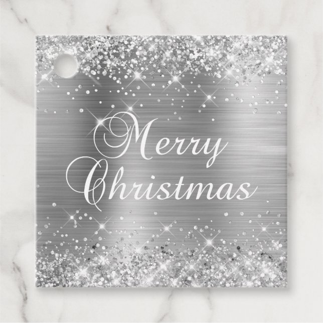 Étiquettes Cadeau Glittery Silver Foil Joyeux cadeau de Noël (Devant)