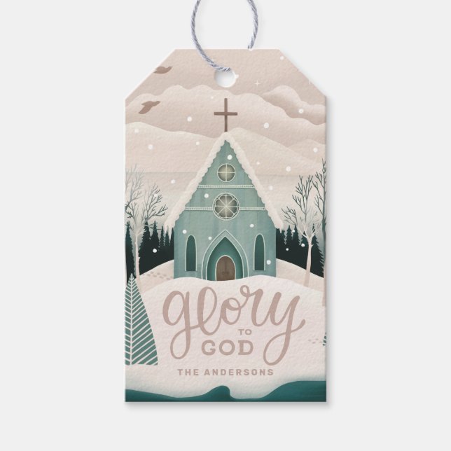 Étiquettes-cadeau Gloire à Dieu | Église religieuse de Noël (Devant)