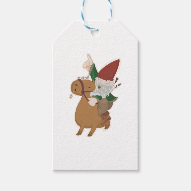 Étiquettes-cadeau Gnome chevauchant une Capybara (Devant)
