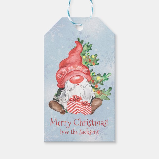 Étiquettes-cadeau Gnome de Noël avec arbre présent Personnalisé (Devant)