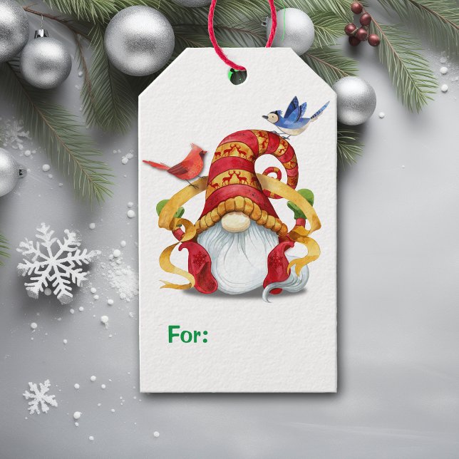 Étiquettes-cadeau Gnome de ruban drôle avec les oiseaux (Créateur téléchargé)