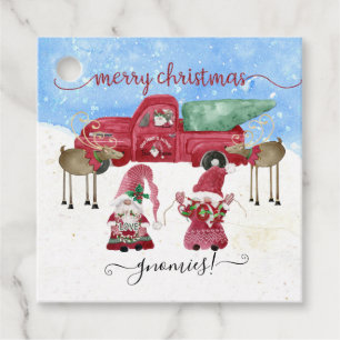 Étiquettes Cadeau Gnome Joyeux Noël Aquarelle Chariot rouge neige