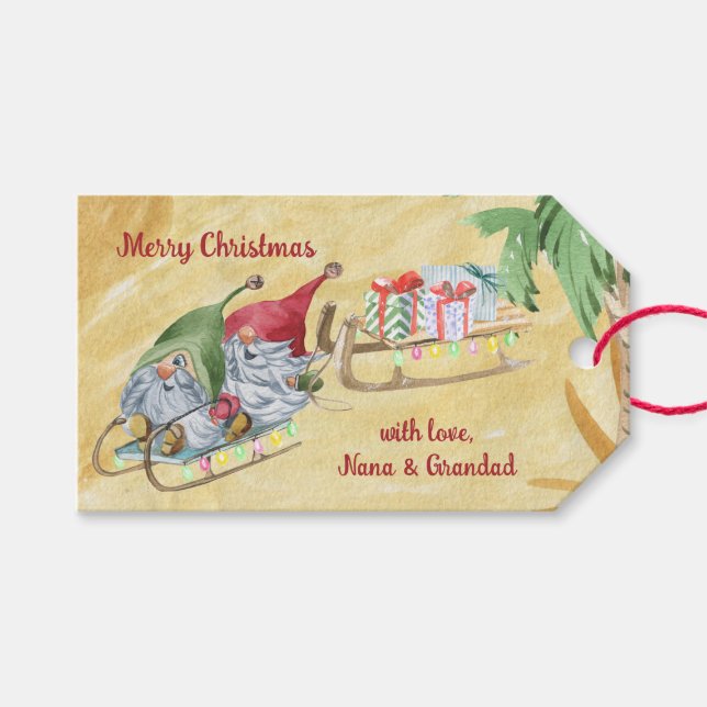 Étiquettes-cadeau Gnomes de Noël avec coudre sur le sable (Devant (Horizontal))