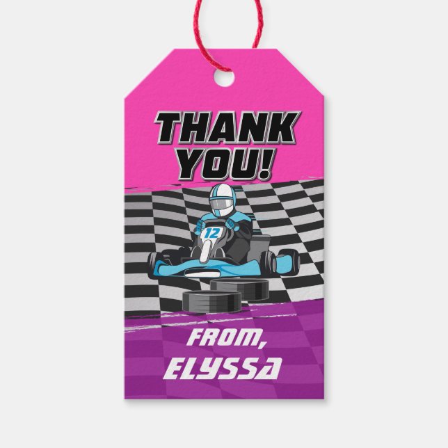 Étiquettes-cadeau Go Kart Racing Voiture Girls Fête d'anniversaire (Devant)