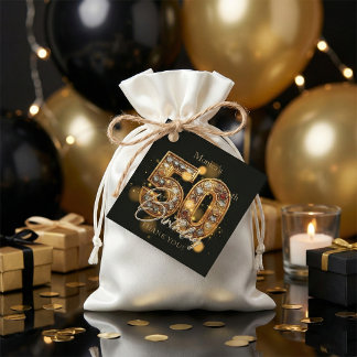 Étiquettes Cadeau Gold Bejeweled Diamonds Luxury Black 50th Birthday