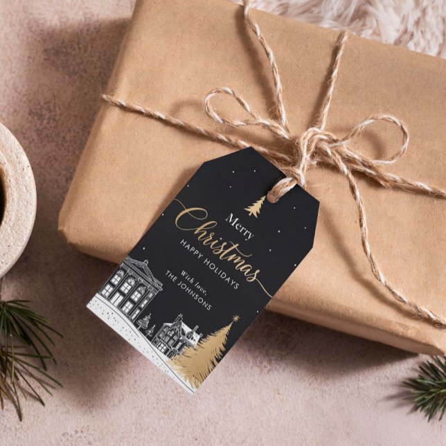 Étiquettes-cadeau Gold & Black Merry Christmas Calligraphic (Créateur téléchargé)