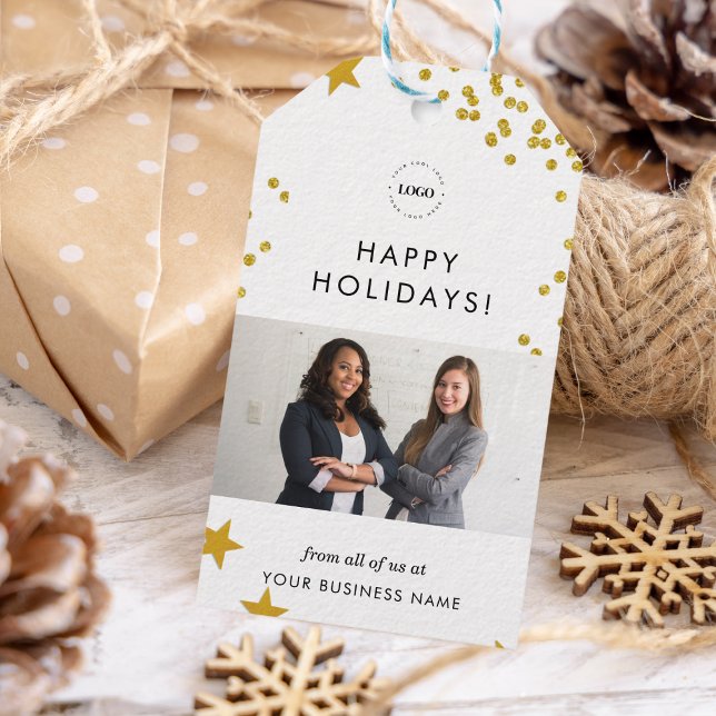Étiquettes-cadeau Gold Business Christmas Logo & Team Photo Company (Créateur téléchargé)