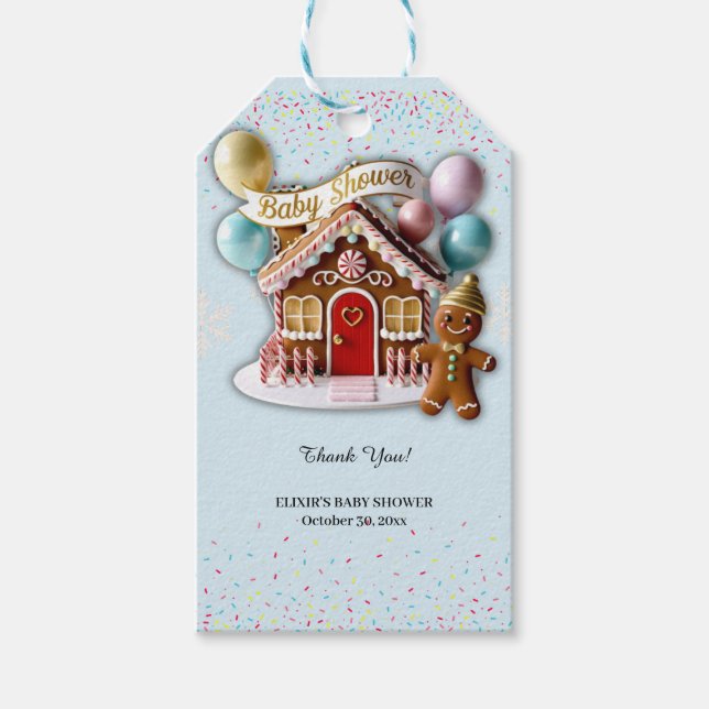 Étiquettes-cadeau Gold Gingerbread House Baby Shower (Devant)