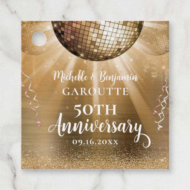 Étiquettes Cadeau Gold Glam Disco Ball 50e anniversaire Mariage (Devant)