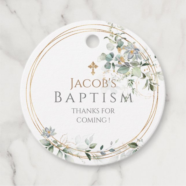 Étiquettes Cadeau Gold Green Eucalyptus Boy Baptism (Devant)