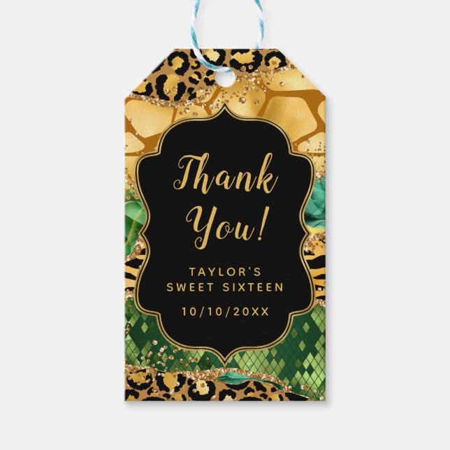 Étiquettes-cadeau Gold Green Safari Agate Sweet sixteen Merci (Devant)