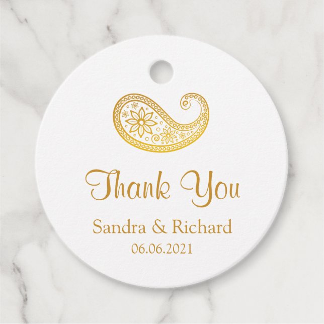 Étiquettes Cadeau Gold Paisley Merci traditionnel indien Mariage (Devant)