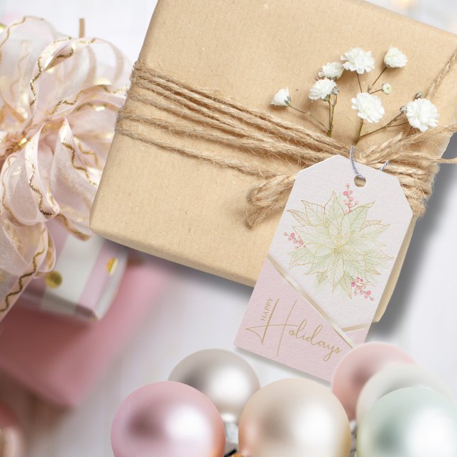 Étiquettes-cadeau Gold Poinsettia Script tendance Rose Joyeux Vacanc (Créateur téléchargé)