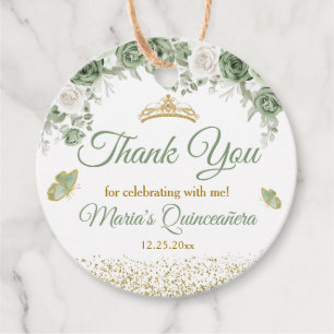 Étiquettes Cadeau Gold Quinceañera Sage Merci de la Couronne verte