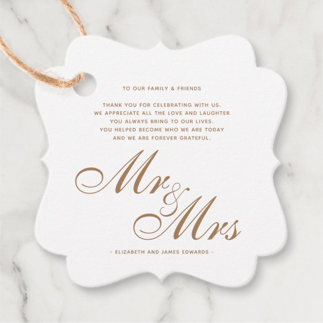Étiquettes Cadeau Gold Script Mr et Mme Mariage Merci Message (Devant)