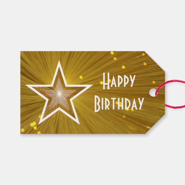 Étiquettes-cadeau Gold Star print Joyeux texte blanc d'anniversaire (Devant (Horizontal))
