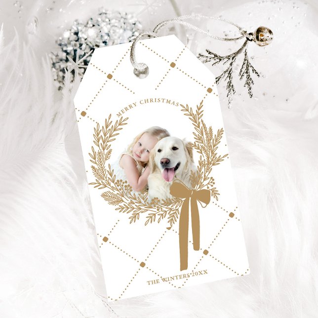 Étiquettes-cadeau Golden Brown Christmas Wreath Photo (Créateur téléchargé)
