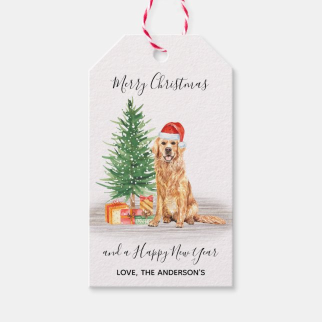 Étiquettes-cadeau Golden Retriever Chien Père Noël Tree Joyeux Noël (Devant)
