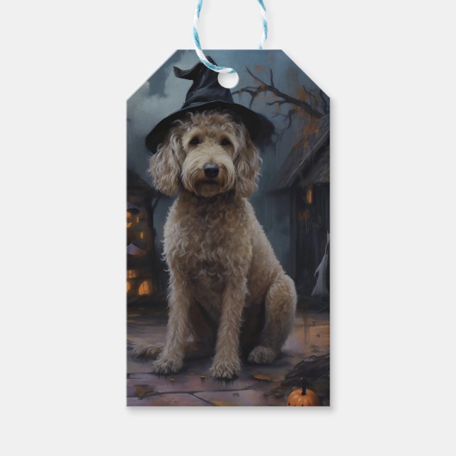 Étiquettes-cadeau Goldendoodle Citrouille Halloween effrayant (Devant)