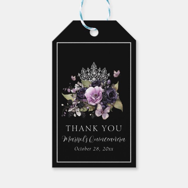 Étiquettes-cadeau Gothique violet et noir Moody Florals Quinceañera (Devant)