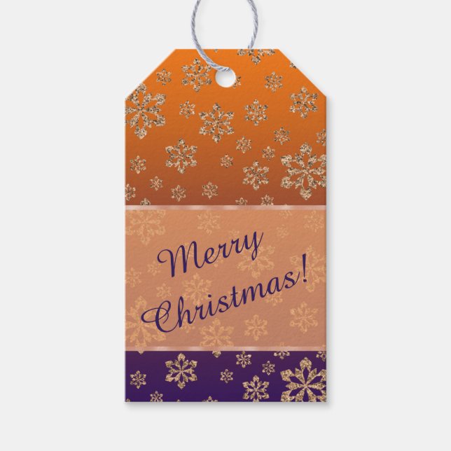 Étiquettes-cadeau Gradient de flocon doré bleu orange Noël (Devant)