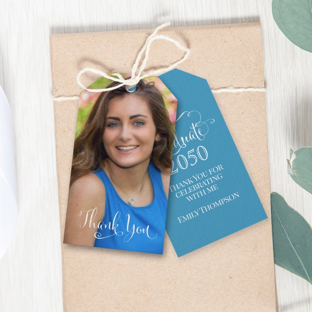 Étiquettes-cadeau Graduation Photo Elégant Merci Script Turquoise (Créateur téléchargé)