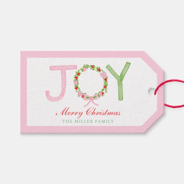 Étiquettes-cadeau Grandmillennial Preppy Christmas Wreath Joie (Devant (Horizontal))