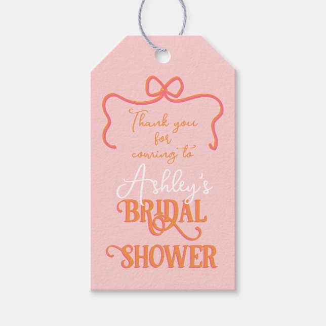 Étiquettes-cadeau Gras Frame Bow rose orange Fête des mariées (Devant)