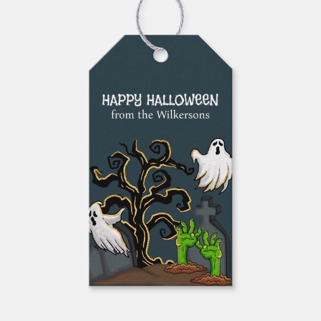 Étiquettes-cadeau Graveyard Zombie et Ghosts mignon Halloween (Devant)