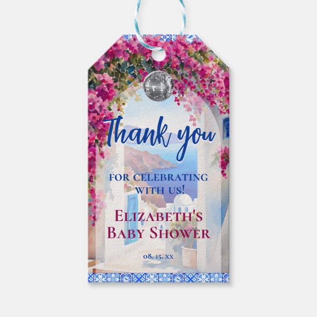 Étiquettes-cadeau Greek Italian Blue Tiles Pink Flowers Disco Ball (Devant)