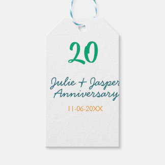 Étiquettes-cadeau Green blue 20th anniversary name date orange 