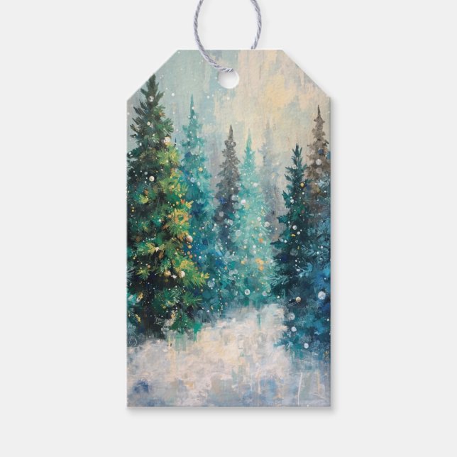 Étiquettes-cadeau Green Christmas Trees Winter Forest (Devant)