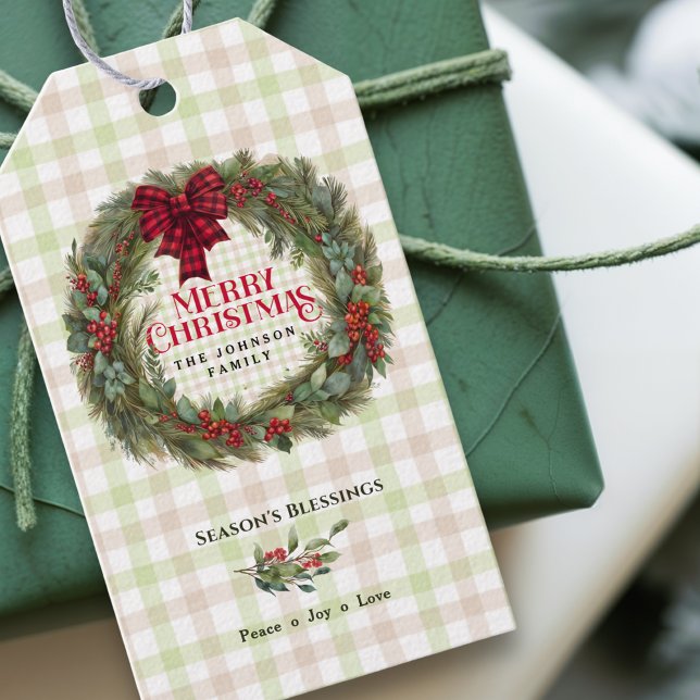 Étiquettes-cadeau Green Red Plaid Rustique Farmhouse Fer Noël Wreath (Créateur téléchargé)
