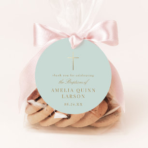 Étiquettes Cadeau Green Simple Gold Cross Baptême Christening