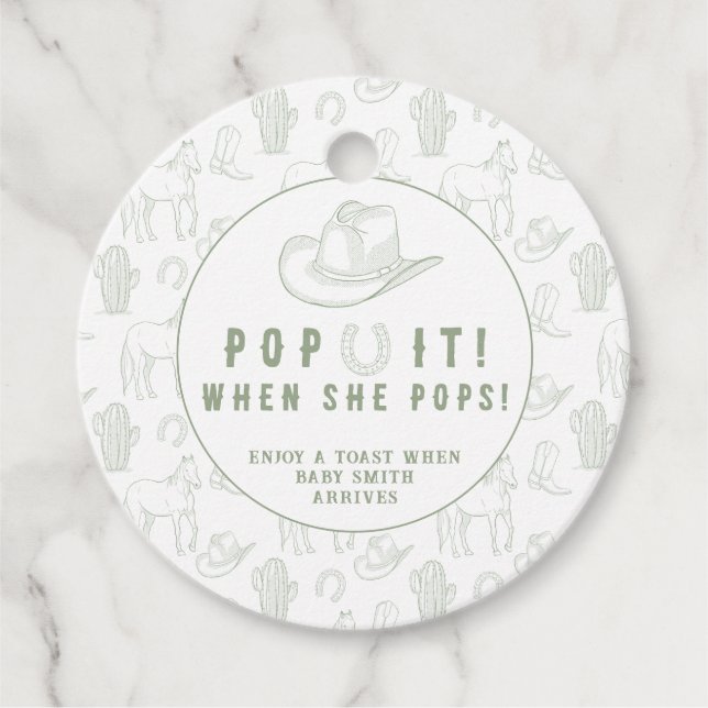 Étiquettes Cadeau Green Toile Cowboy POP IT! Baby shower (Devant)