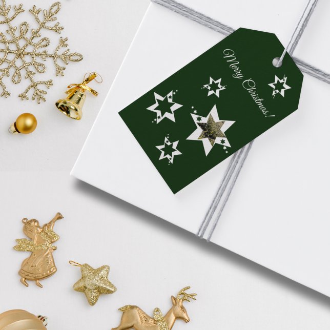 Étiquettes-cadeau Green & White Stars Joyeux Noël Photo personnalisé (Green & White Stars Merry Christmas Custom Photo Gift Tags)