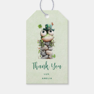 Étiquettes-cadeau Grenouille au chapeau vert et trèfle, fête mignonn