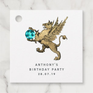 Étiquettes Cadeau Griffon damassé sarcelle et or Pierre précieuse aq