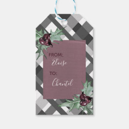 Étiquettes-cadeau Gris Tartan violet de Noël Floral